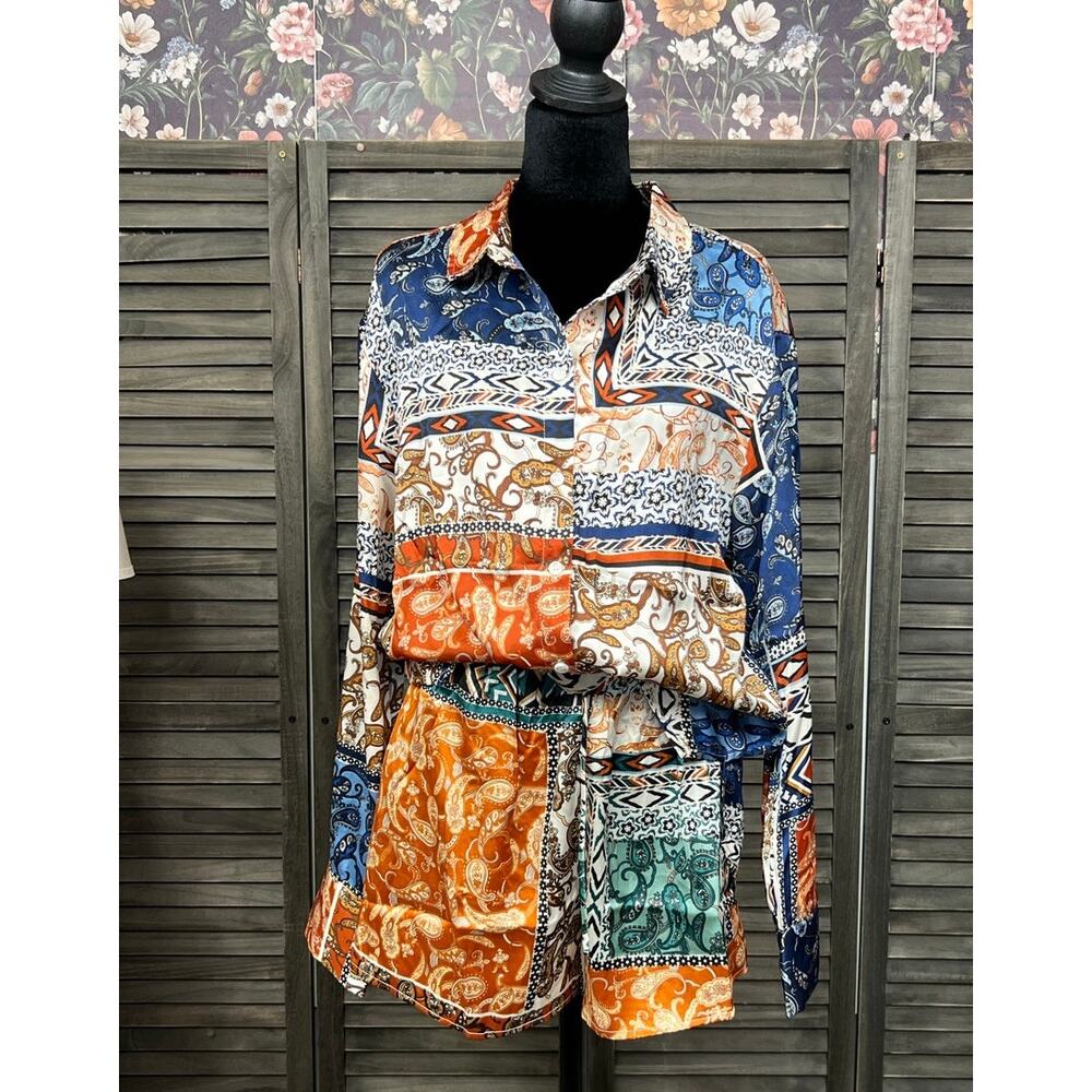 Inmod Patchwork Paisley 2 Piece Shorts Set M Button Down Resort Boho NWT - Picture 7 of 10